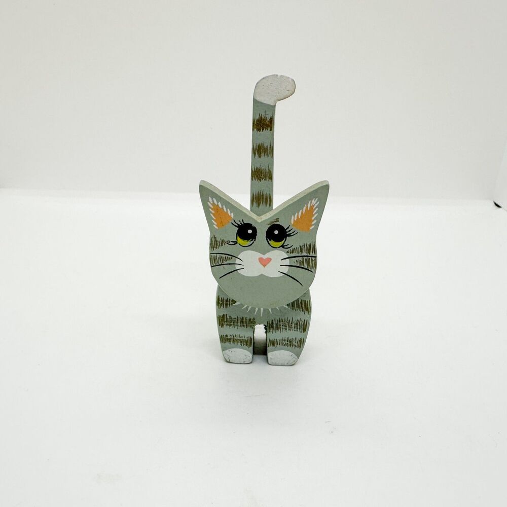 Vintage 3D Wood Painted Gray Tabby Cat Figurine Cottagecore Country